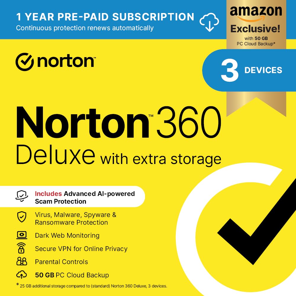 – Norton 360 Deluxe with Extra Storage, 25 GB Extra Cloud Backup, Antivirus Software for 3 Devices and 1-year Subscription With Automatic Renewal