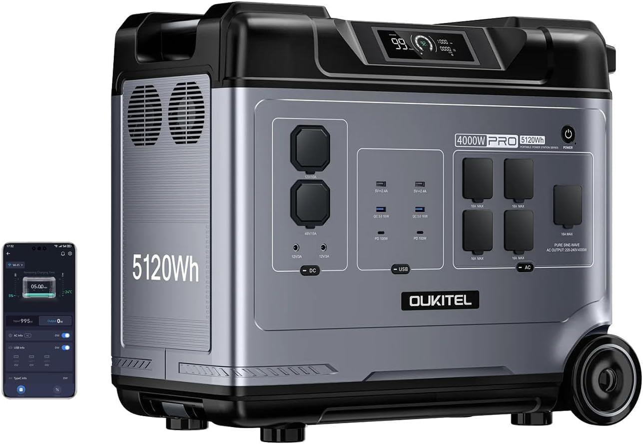 OUKITEL P5000 Pro 5120Wh Centrale Elettrica Portatile Uscità CA da 4000W, Generatore Solare con Batteria LiFePO4, Controllo APP, 15 Porte, Power station generatore solare per casa campeggio