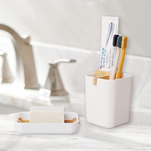 Miniatura 4 de Soporte eléctrico para cepillos de dientes de bambú, juego de soporte para cepillos de dientes para niños, pasta de dientes y organizadores, bandeja