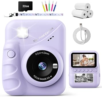 TIATUA Kids Camera Instant Print for 3-14 Years Old Girls, 3" HD Screen Camera with Printed Paper, 1080P Digital Toddler Toys for 4 5 6 7 8 9 10 11 12 Years Old Purple