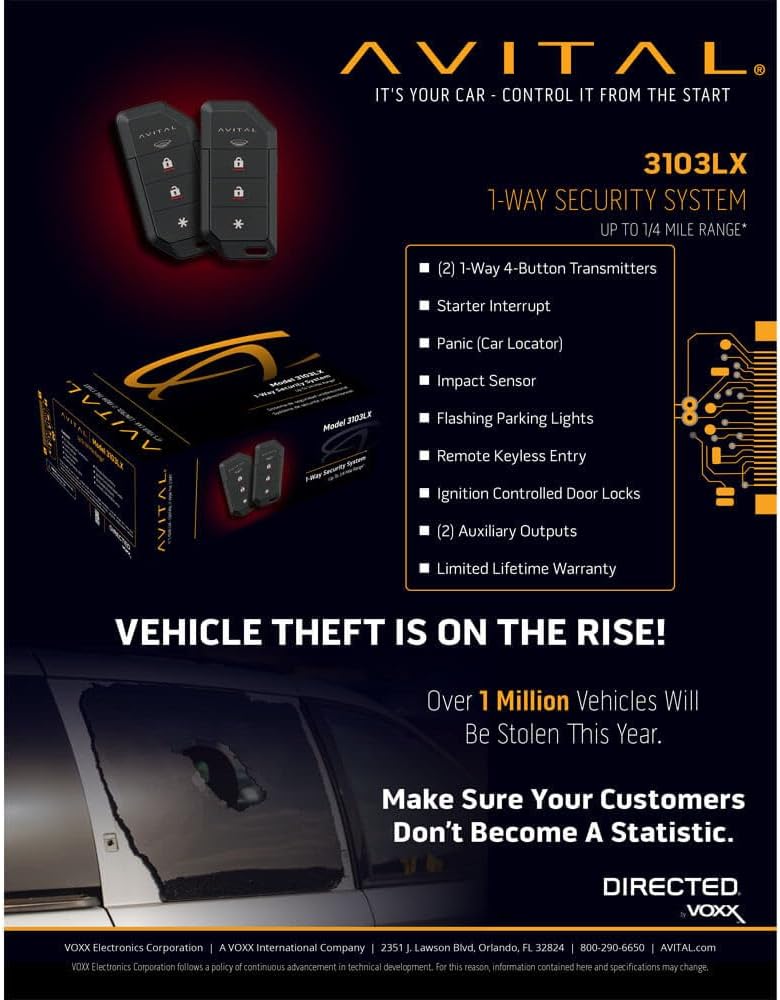Avital 3103LX 1-Way Security System with Keyless Entry/Flashing Parking Lights