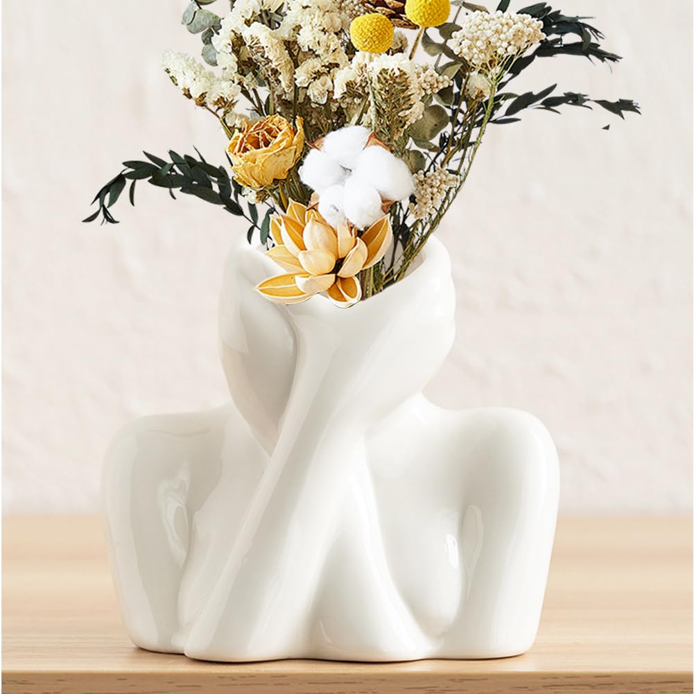 Gesicht Vase, Vase Gesicht aus Keramik, Weibliche Körpervase Deko Weiß Keramik Vasen, Kreative Menschliche Kopf Gesichts Blumen Porträt Vases, für Office Dining Table Room Decoration Aesthetic Vasen