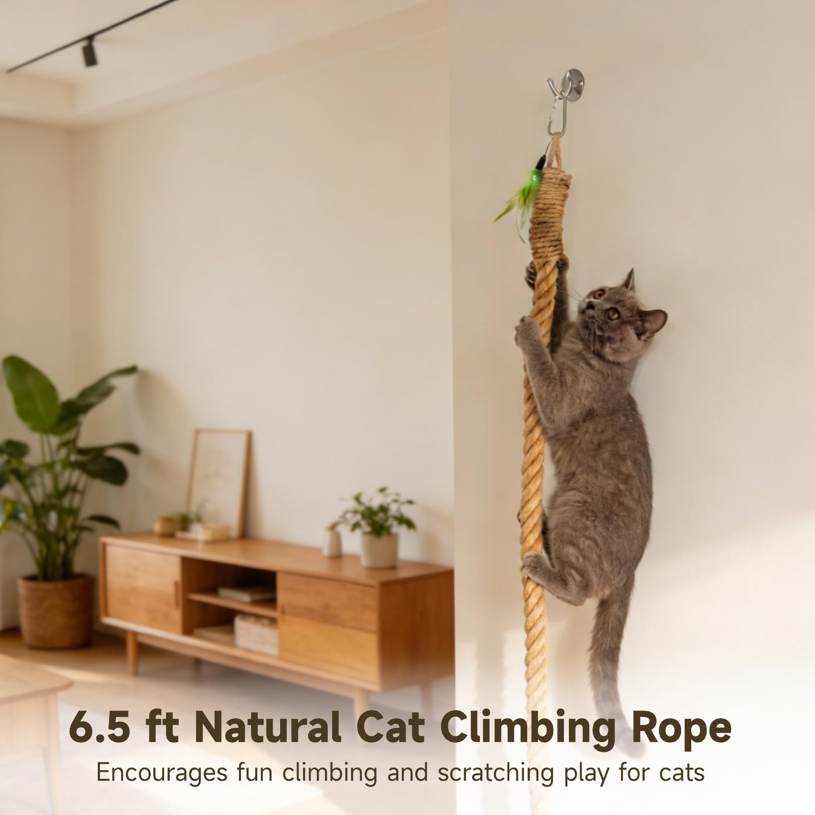Corda da arrampicata per gatti da 2 m con campana dorata e piuma teaser, corda da gioco in canapa naturale per gatti, corda da soffitto con gancio a scatto, per uso interno ed esterno