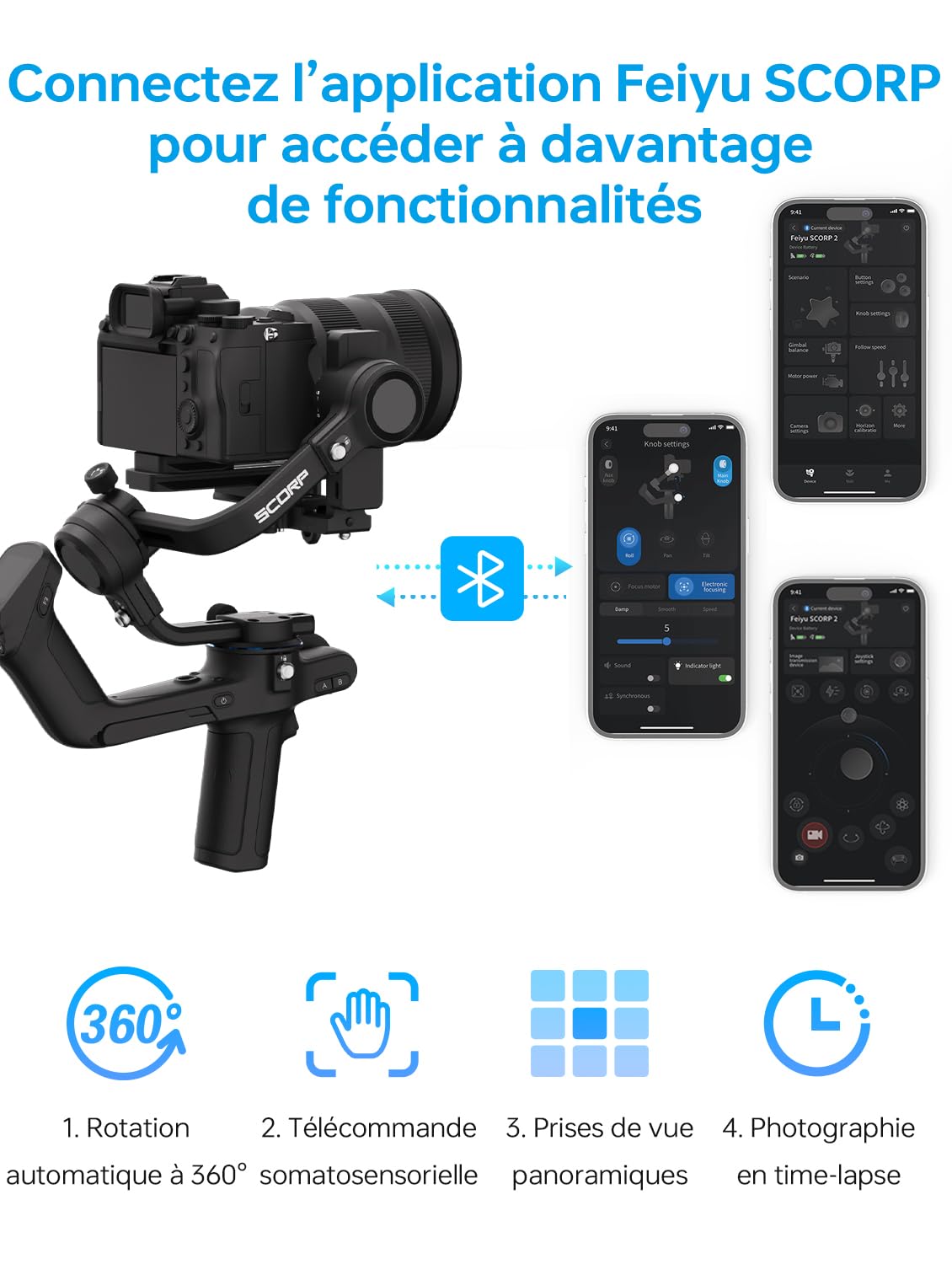 Feiyutech SCORP 3 Stabilisateur Gimbal Pour Appareil Photo - Suivi IA Intégré - Charge Utile 3,5 Kg - Poignée Amovible - Autonomie 14h - Écran Tactile Et Contrôle Bluetooth - 12
