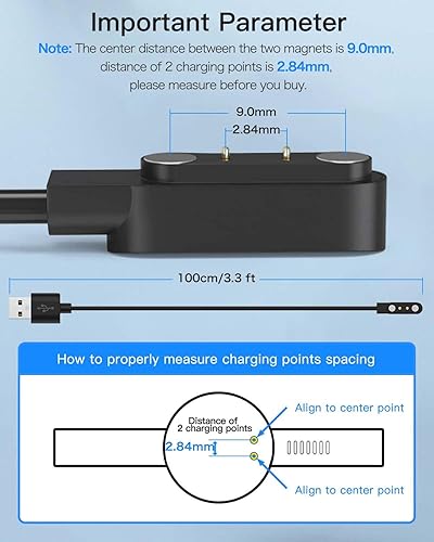 Miniatura 3 de Paquete de 2 cargadores magnéticos universales para reloj inteligente, contacto con el cable, 2 pines espaciado de 0.110 in, cable de cargador USB