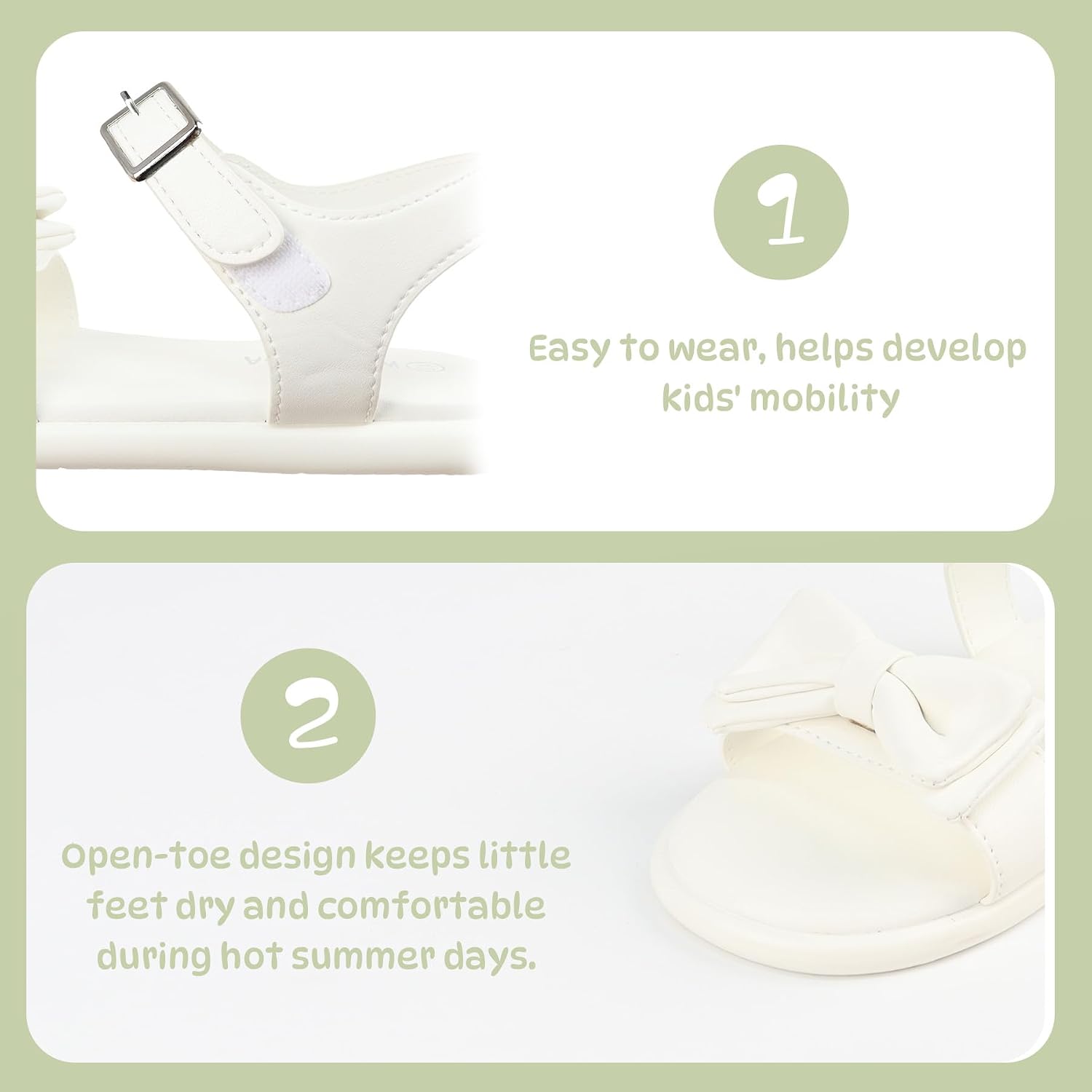 Toddler Girl Sandals Summer Shoes, Water Resistant PU Open Toe Flats with Memory Foam Insole, Hook & Loop flower Girl Dress Shoes