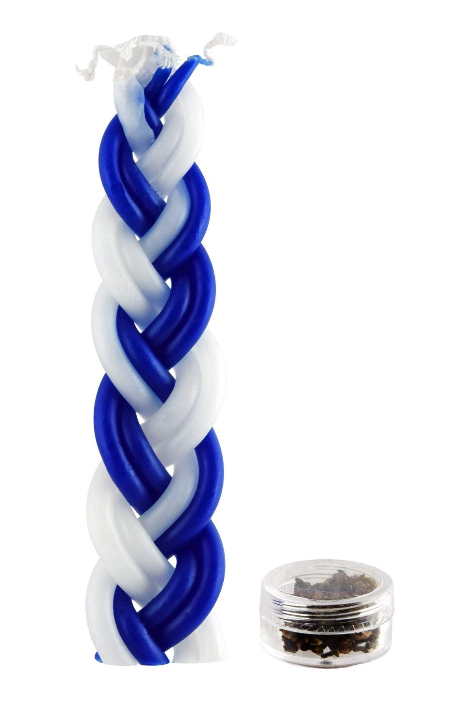 4 Havdalah Sets of Braided Blue and White Candle with Small Container of Besomim