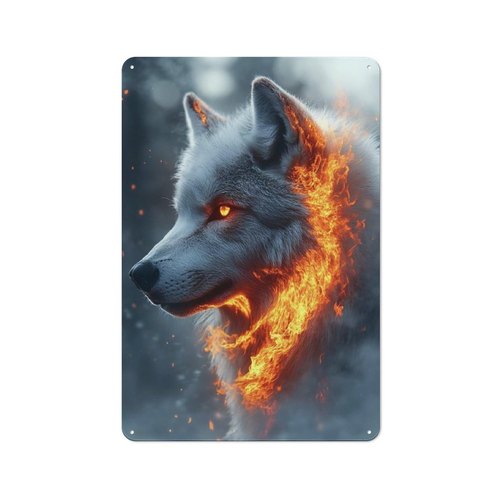 Junmoney Style-19 Rustic Decorative Metal Sign 30X20cm Featuring Fiery Wolf Portrait, Kitchen Wall Decor For Kitchen, Cafe, Pantry Or Dining Room