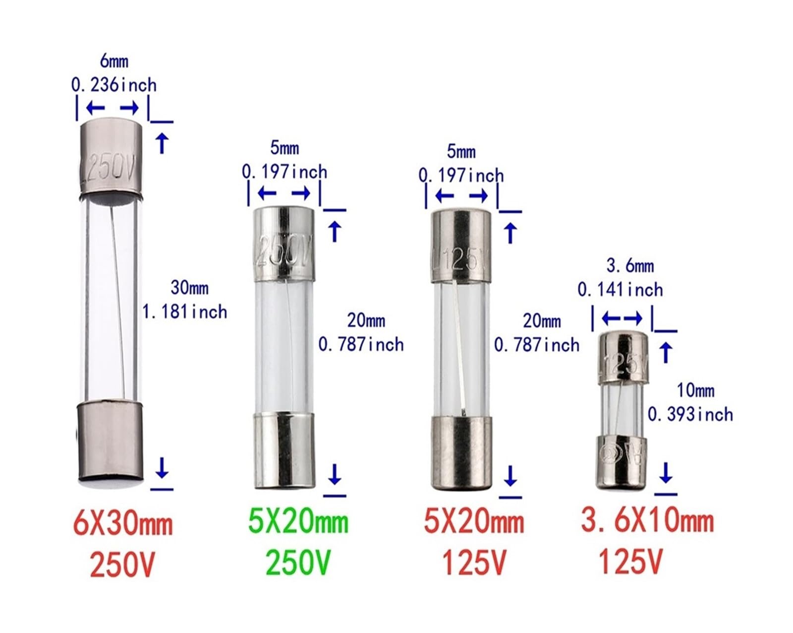 Zestaw bezpieczników szybkofuzyjnych, 15 wartości, 150 sztuk, 5 x 20 mm, 250 V, 0,1, 0,2, 0,25, 0,5, 1, 1,5, 2, 3, 4, 5, 8, 10, 12, 15, 20A, zapakowane w przezroczyste plastikowe pudełko