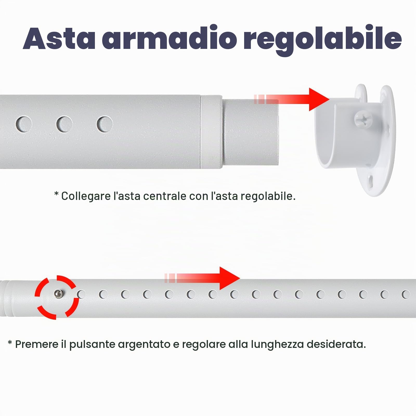 Appendiabiti allungabile, 40 – 212 cm, colore bianco, con 2 piedini a forma di U per armadi, lavanderie e camper