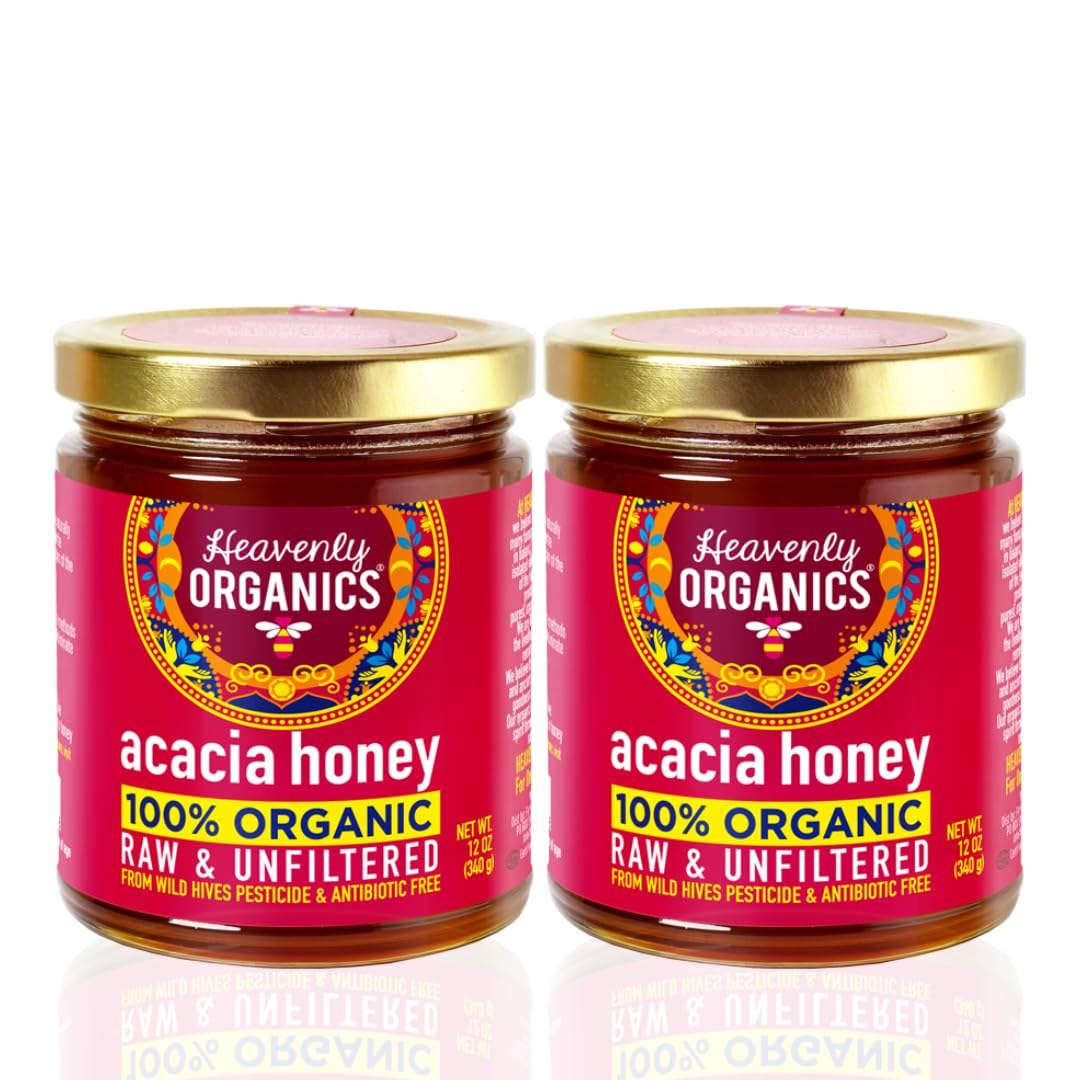 Heavenly Organics Raw Acacia Honey, 100% Organic | Mild Floral Honey from Acacia Blossoms | Unheated, Lightly Filtered | Smooth Natural Sweetener | Glyphosate Free, Gluten Free, Dairy Free, Kosher | (Pack of 2, 12 oz)