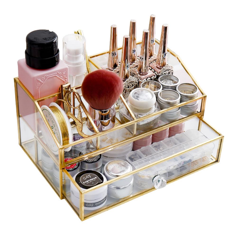 YUEHUA Organizador de cosméticos de vidrio transparente de latón y metal, organizador de maquillaje de vidrio para encimera de baño y tocador