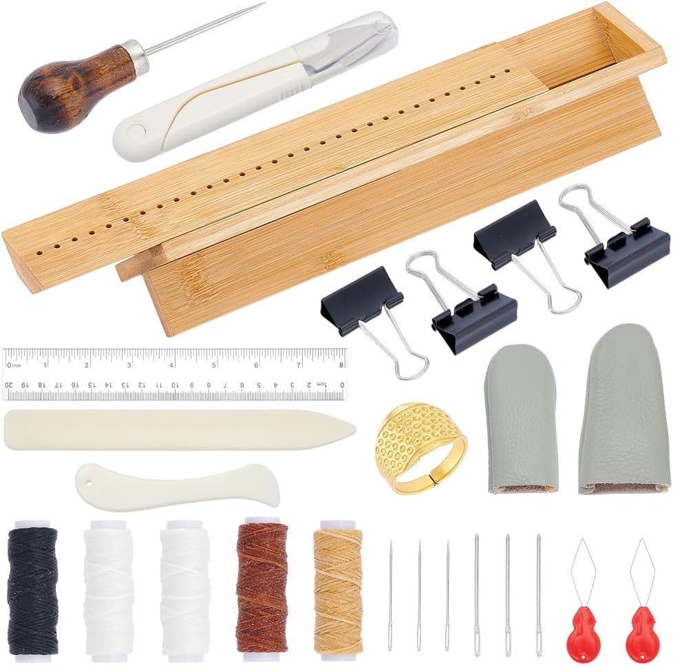 WEBEEDY 26 Pcs Bamboo Book Binding Cradle with Bookbinding Supplies for DIY Book Crafts, Signature Punching Tools Kit with Awl,Bone Folder,Cradle,Waxed Thread,Needle for Book Repair Back to School