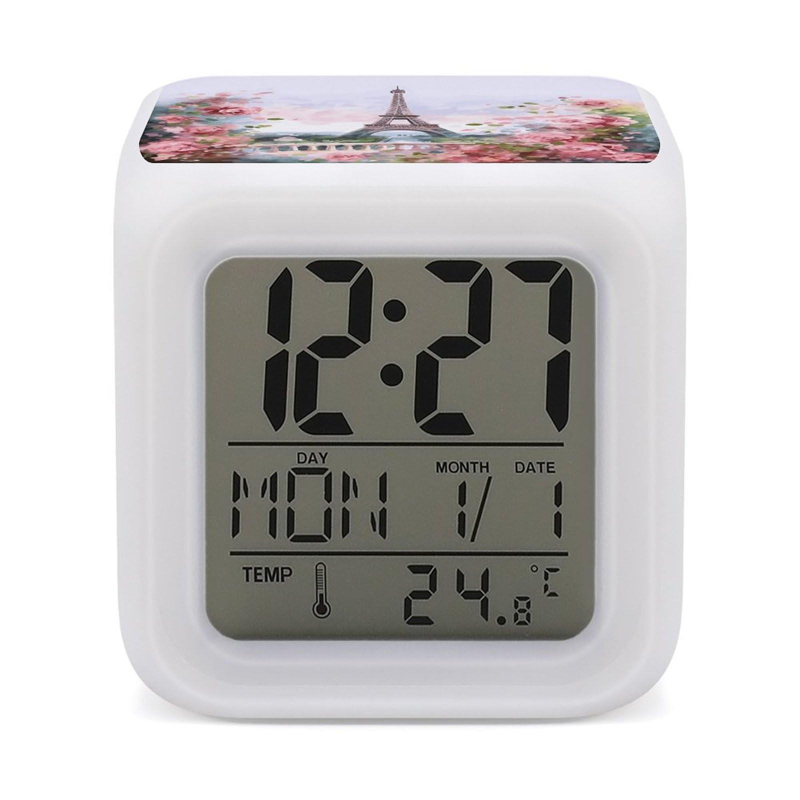 7 Color Ambient Night Light Cube Battery Operated Paris Eiffel Tower with Flowers Digital Clock with Snooze Temperature LED Digital Alarm Clocks Dimmable Wake Up Light Portable Mood Lamp for Bedroom D