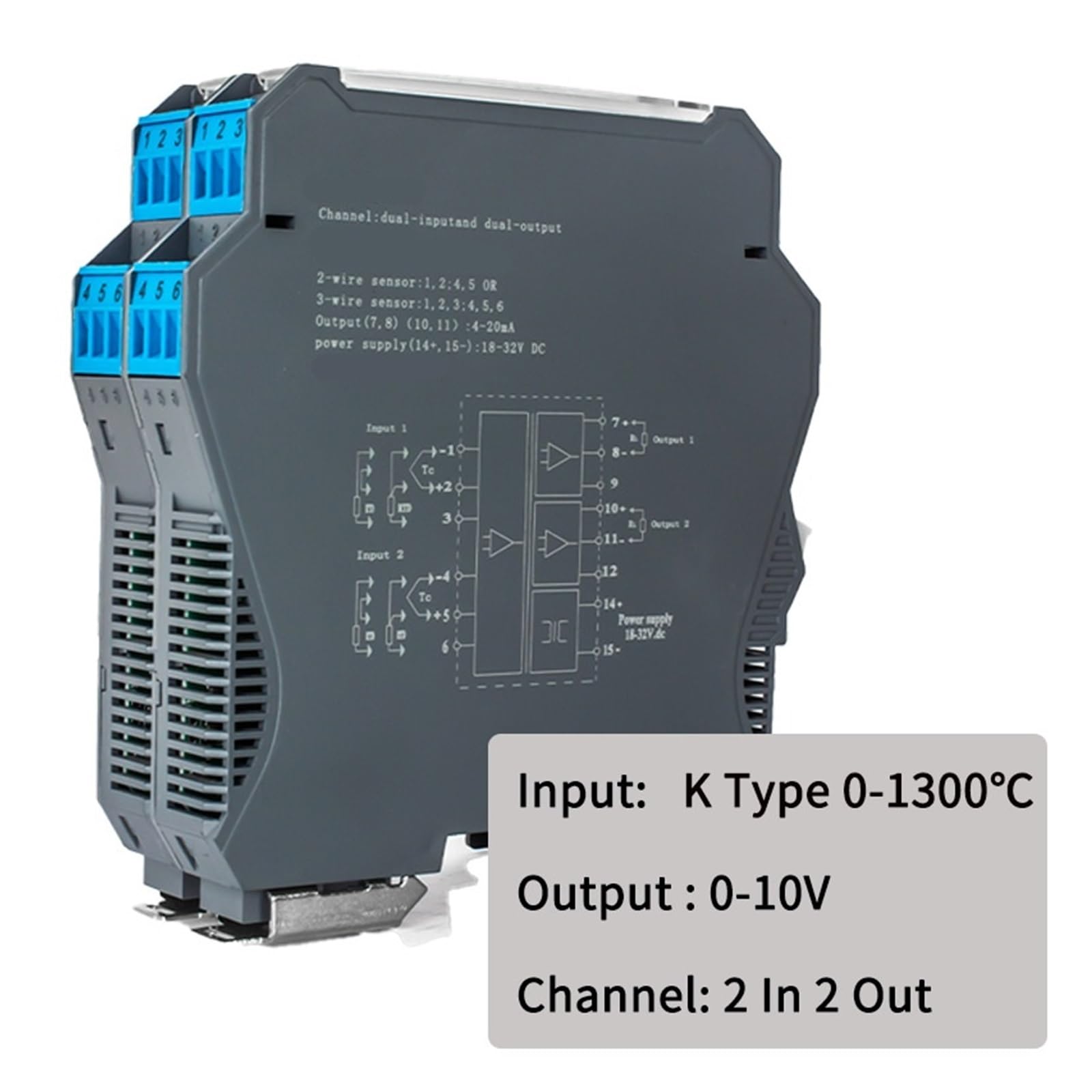 Convertidor de Temperatura de termopar Tipo K de 0 a 1300 ℃ a 4 a 20 mA, 0 a 10 V, 0 a 5 V, RS485, 1 Entrada, 1 Salida, 1 Entrada y 2 Salidas(22 K 0-10V)