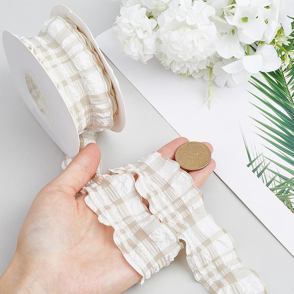 CABODYALS 9.14M 40mm Beige Gingham Plaid Ribbon Checkered Wired Wrinkled Trim Double Chiffon Ruffled Edge Polyester Ribbon with Spool for Gift Wrapping Wedding Invitations Bouquets Christmas Decor - Image 3