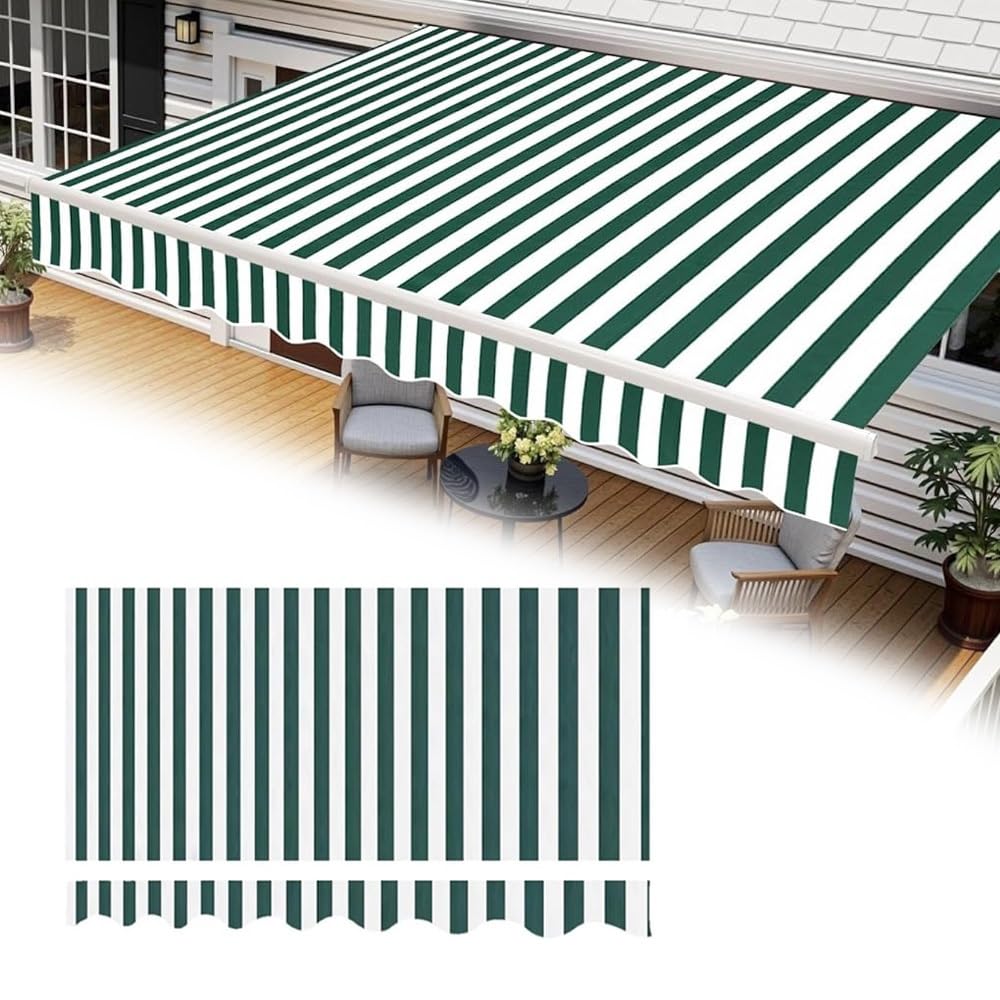 Toile De Rechange pour Store Banne Et Auvent De Terrasse 3.6x3m Tissu Polyester Anti-UV Et Imperméable avec Volants, pour Balcon Jardin(Green-White,12x10ft/3.6x3m)