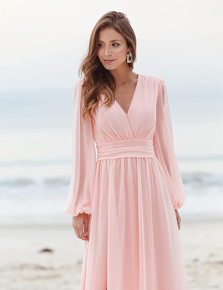Loyeloy Women's Long Sleeve Bridesmaid Dresses with Slit V