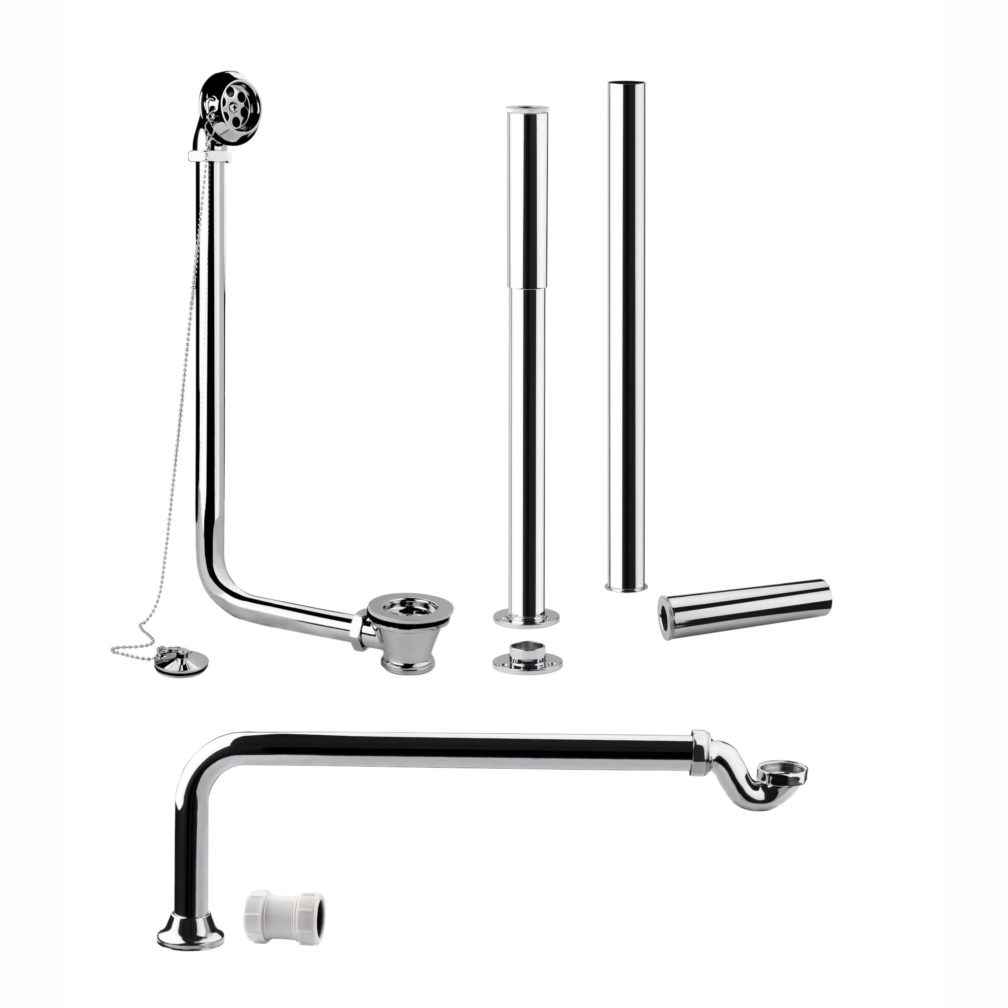 ENKIW50, Chrome Traditional Freestanding Roll Top Bath Pack, Shallow Seal Trap, Exposed Retainer Waste, Legs with Adjustable Shrouds