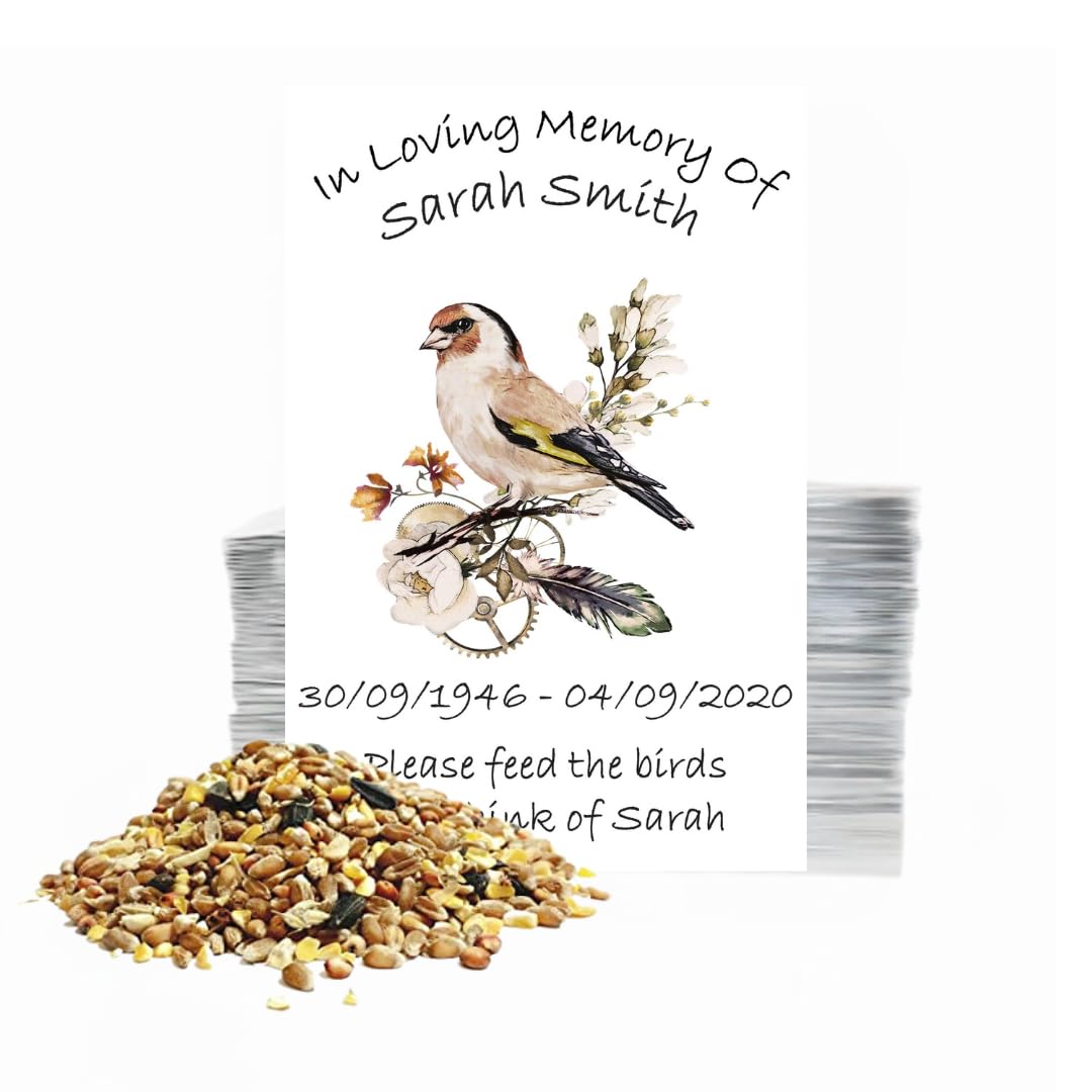 100 Funeral Bird Seed Packets – Personalised Remembrance Favour • Feed The Birds in Loving Memory • Memorial Condolence Gifts for Guests • Celebration of Life Keepsake (Goldfinch Clock Gear)