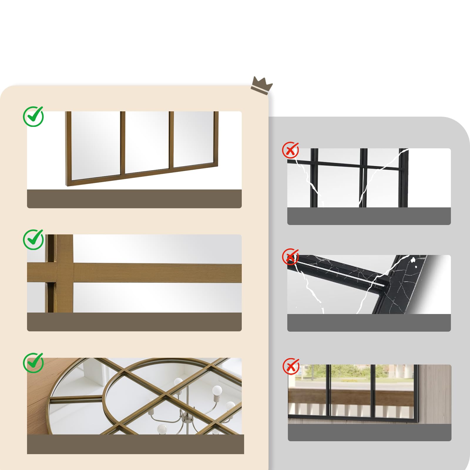 Reflix Espejo de jardín al aire libre, 90 x 60 cm, espejos de pared para decoración, espejo de ventana con marco de aluminio para pasillo, sala de estar, dormitorio, entrada, bronce