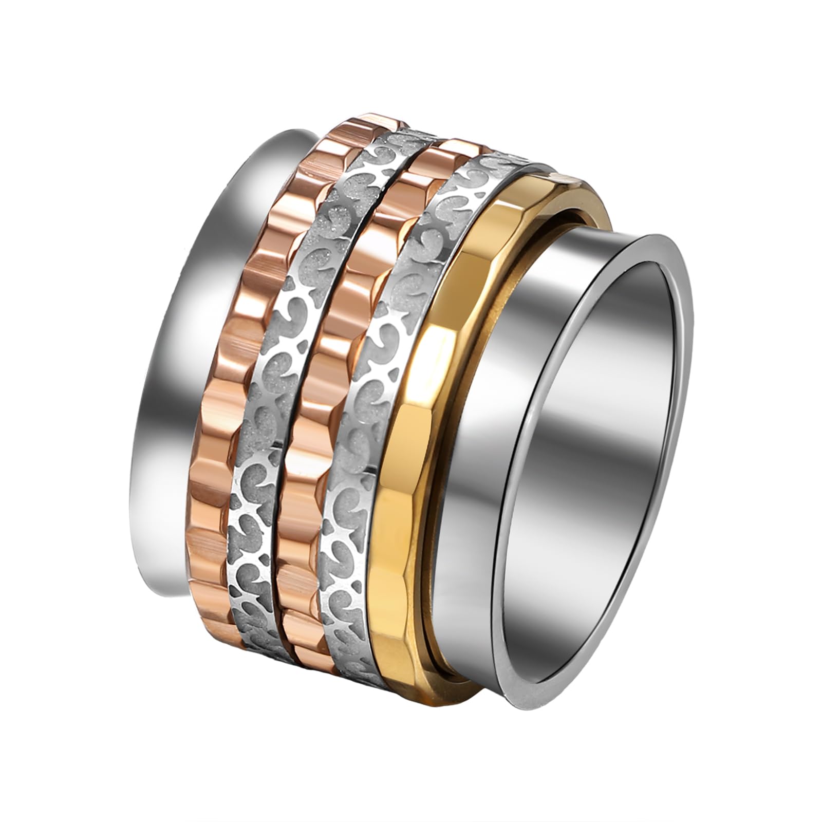JewelryWe Women Spinner Anxiety Ring: Stainless Steel Tri-Color Rotating Fidget Band Stress Relief Thumb Rings Size 7-12
