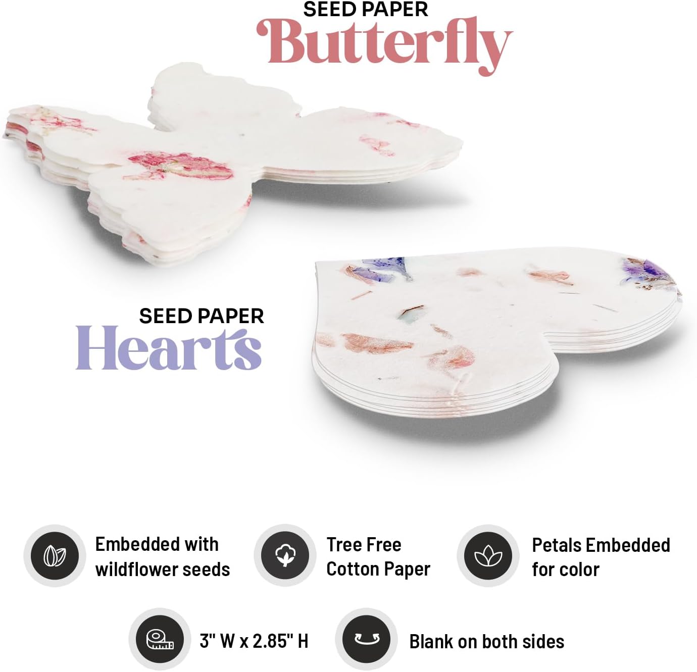48pcs Plantable Seed Paper (24 Mixed Heart & 24 Pink Butterfly) and 50-Set Planting Guide with Glassine Envelopes