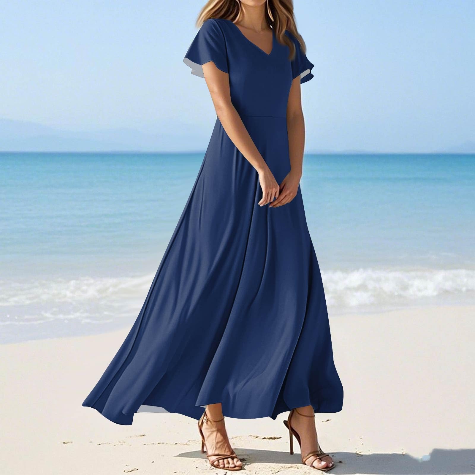 Amazon.com: Women's Summer Dresses Elegant V Neck Short Sleeve Long Dress  Solid Color/Floral Print Cocktail Dress(Royal Blue,Small) : Clothing, Shoes  & Jewelry