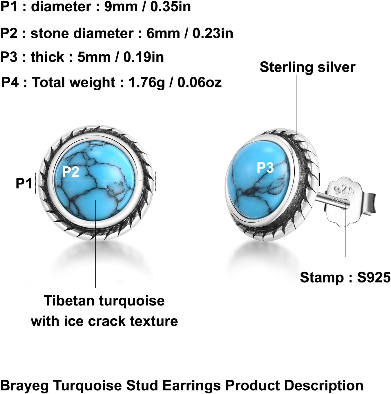 925 Sterling Silver Turquoise Stud Earrings, Hypoallergenic Turquoise Earrings for Women, Classic Circle Gemstone Earrings for Women Gift - Image 5