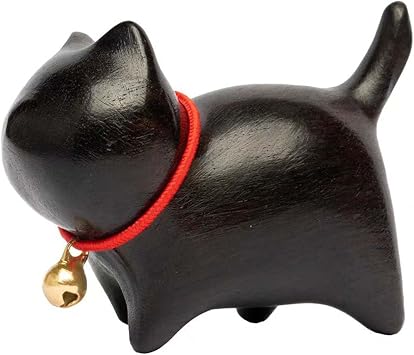 Small Lucky Cat Statues Home Decor Handmade Cat Figurines Bring Good Luck, Wealth, Green Sandalwood/Ebony Animal Sculptures for Living Room, Table Centerpiece, Shelf, Office Decor Ebony A