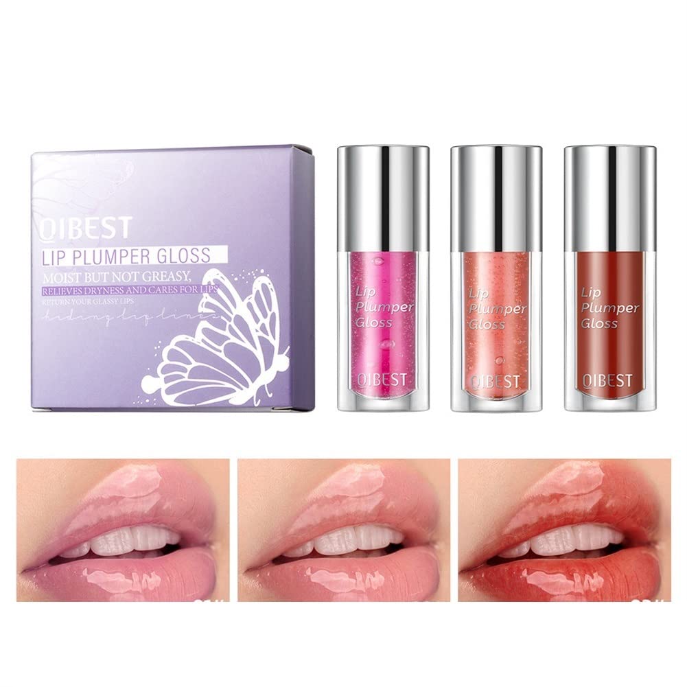 KANZA3 Pcs Lip Plumper Lip Gloss Set (2.8g*3) | Moisturizing Lip Maximizer Plumper, Lip Extreme Volume | Jelly Texture,Lipstick Overlay Enhances Plump Gloss | Lip Enhancer for Hydrated Lips (Set A)