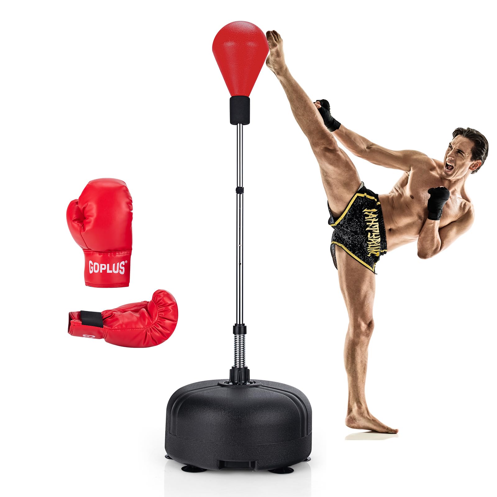 KOMFOTTEU Saco de Boxeo con Altura Ajustable 140-158 cm, Punchingball con Guantes de Boxeo, Pelota de Boxeo de Pie con Base Rellenable, Juego de Boxeo para Niños y Adultos (Rojo)