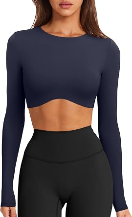 LASLULU Womens Sexy Double Lined Long Sleeve Shirts Crewneck Workout Tops