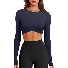 LASLULU Womens Sexy Double Lined Long Sleeve Shirts Crewneck Workout Tops Athletic Yoga Shirts Going Out Crop Tops