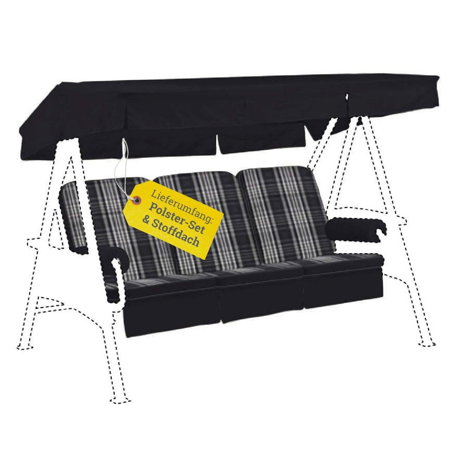 Hollywoodschaukel Auflage Anthrazit-Beige-kariert 56/64x180x8cm I Schaukelauflage UV-beständig mit Dach I Atmungsaktive Schaukel-Auflage I Dessin 2428