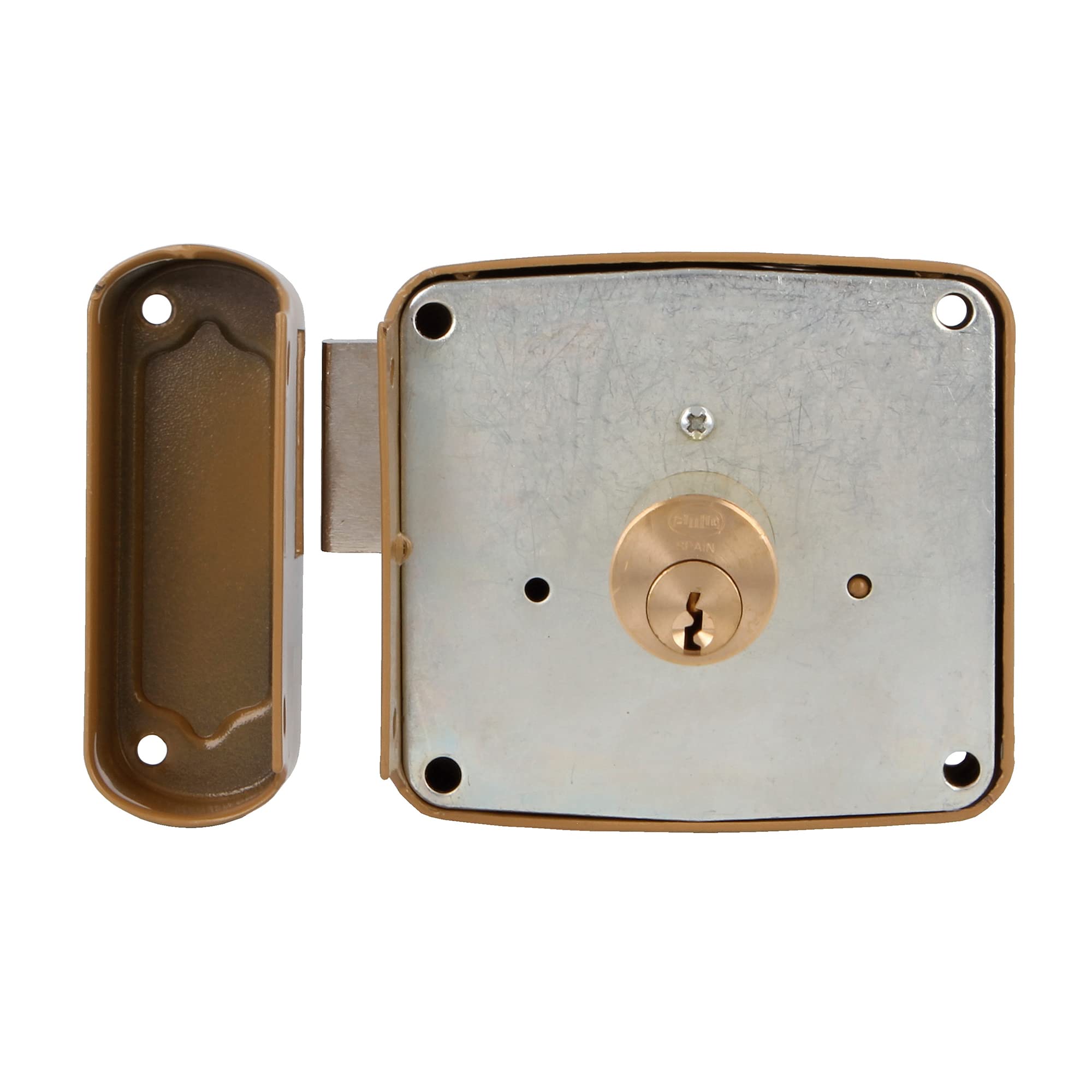 Amig - Serratura da sovrapposizione a destra con leva di chiusura e linguetta per porte in legno Mod. 72PU 100 x 95 mm Chiusura con cilindro rotondo in acciaio dorato