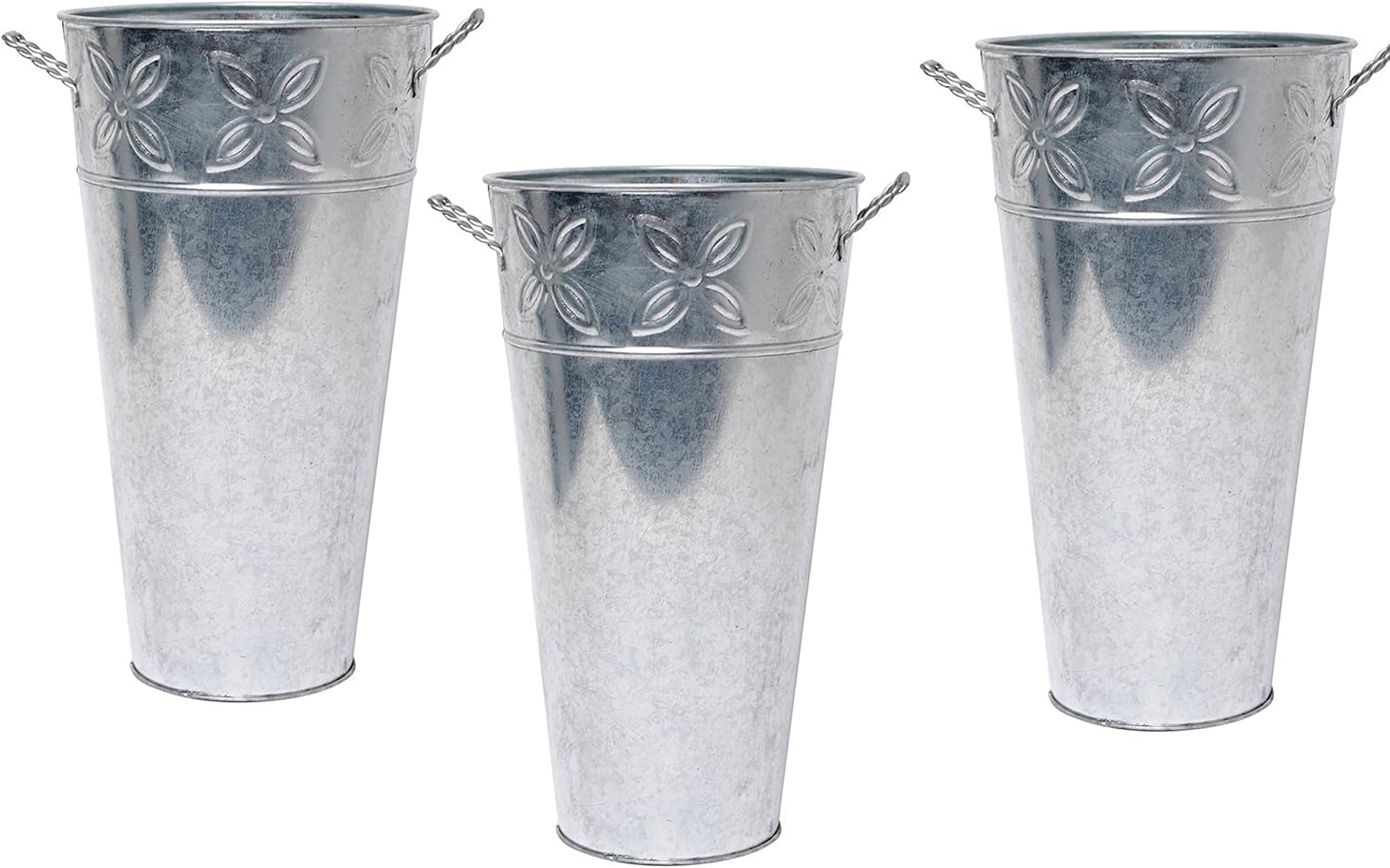Photo 1 of  Hosley Set of 3 Galvanized Oval Planters 8" L with Handles, Rustic Charm for Floral Arrangements Indoor and Outdoor Gardening Decor Bundle with Set of 3 Galvanized Vases 6.5" Dia x 12" H Each 