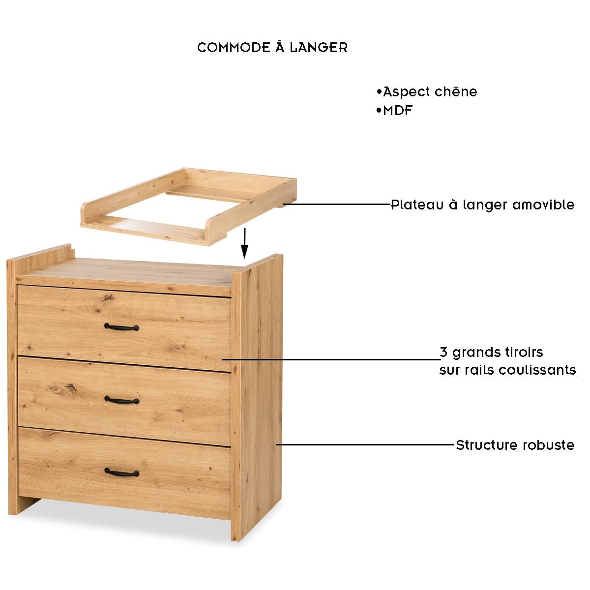 AMELIA - Cómoda de bebé con cambiador extraíble y 3 cajones, roble