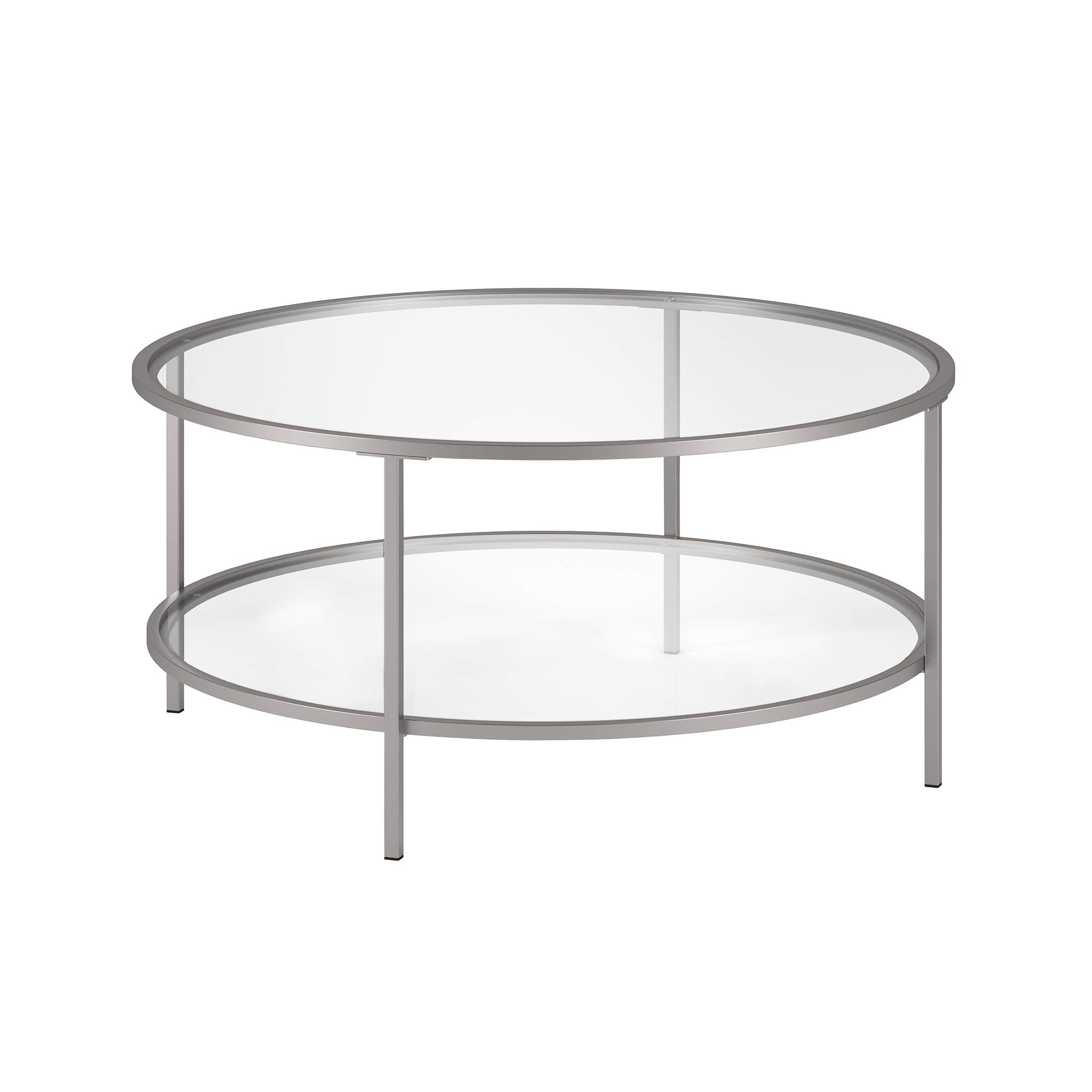 Henn&Hart 36" Wide Round Round Coffee Table with Glass Top in Nickel, Modern Round Coffee Tables for living room, studio apartment essentials