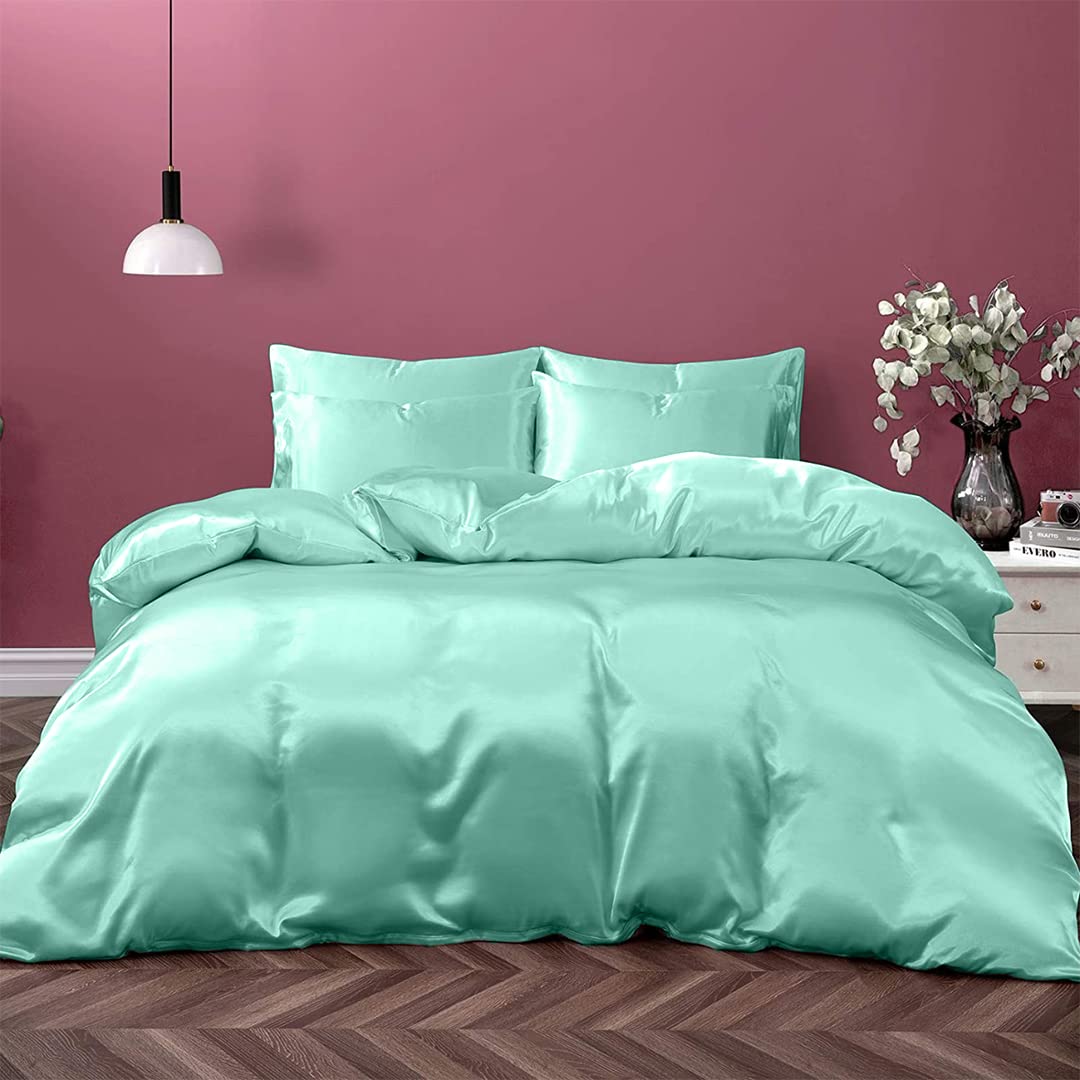 Cloud Fino Silk Satin Sheet Set| 100% Pure Silk Satin Sheet Set 7pc Silk Fitted Sheet 15" Deep Pocket, Silk Flat Sheet, Silk Duvet Cover & Pillowcases Set !!(Twin Xl Aqua Blue)