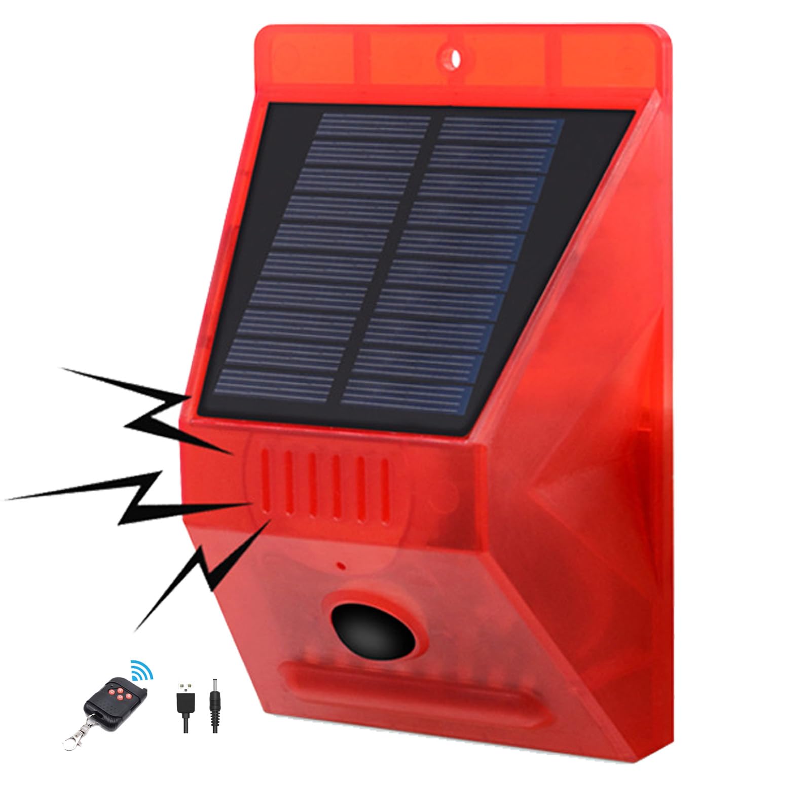 Alarma Solar con Sensor de Movimiento para Exteriores, generador de Ruido de Sirena de 129 dB , 4 Modos de Trabajo,con Control Remoto, para Patio, Granja
