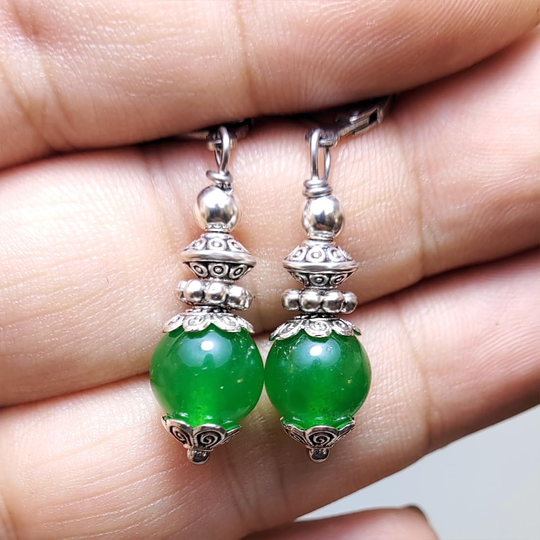 Natural Round Stone Bead Drop Earrings,Silver Dainty Genuine Real Gemstone Quartz Crystal Boho Bohemian Dangle Earrings Jewelry for Women - Image 2