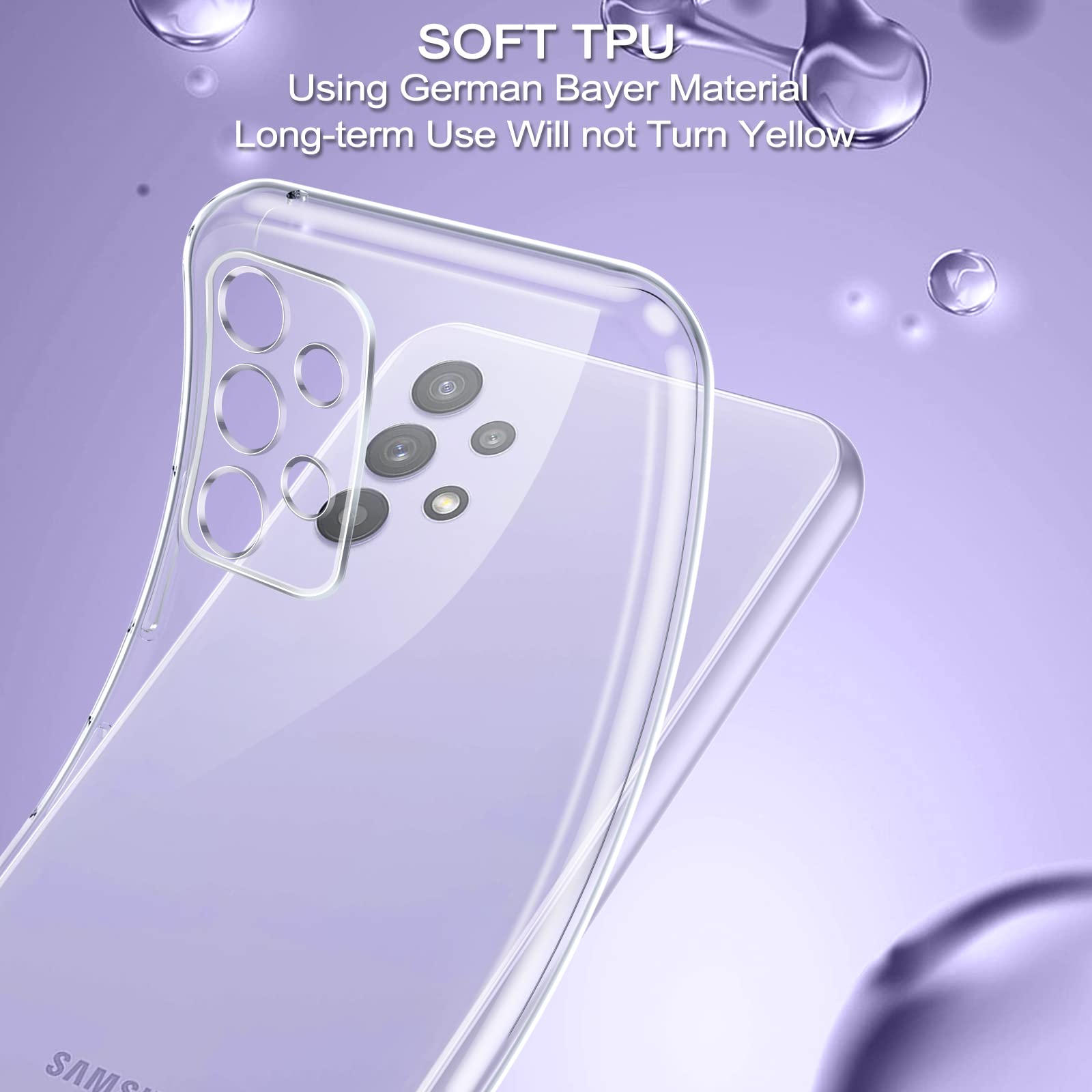 Phoona Cover per Samsung Galaxy A32 4G Custodia con 2 Pezzi Pellicola Vetro Temperato,Ultra Sottile Trasparente Silicone Protettiva Case per Samsung A32 4G Sottile Morbida Antiurto Cover