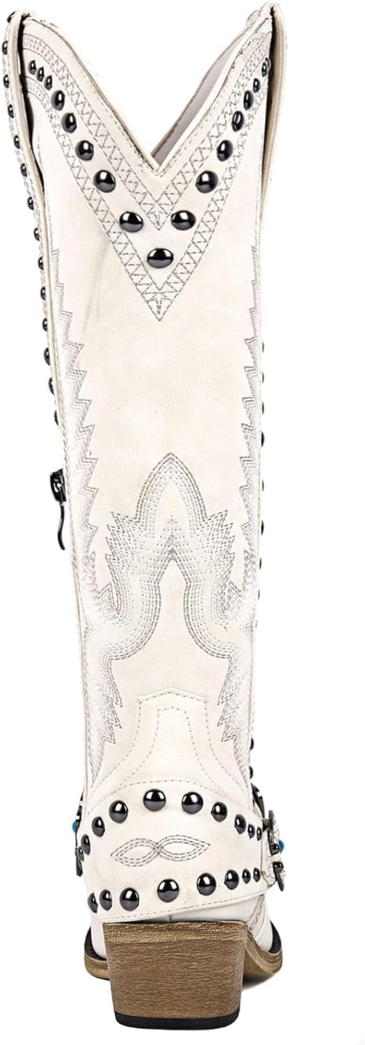 Yolkomo Cowboy Boots for Women Knee High Western Cowgirl Boots with Embroidery Belt Buckle Chains - Image 4