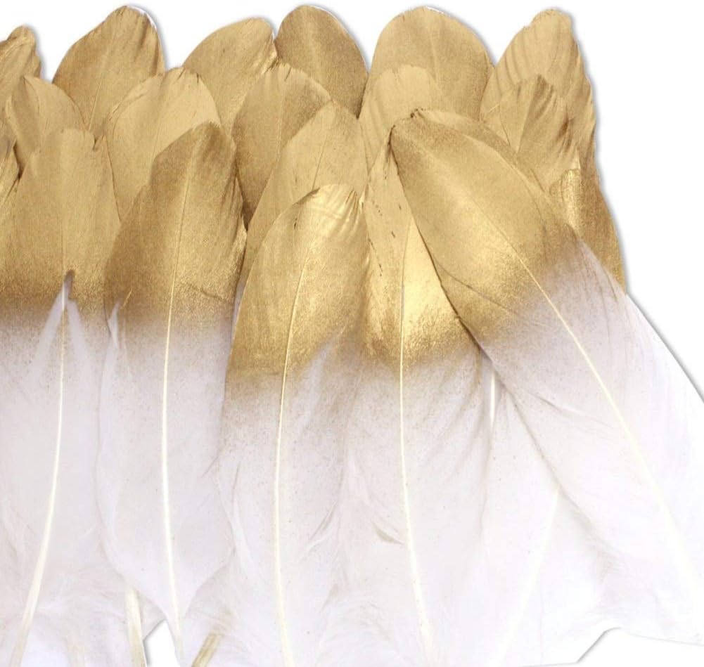 36 Pcs Glitter Gold Dipped Goose Feathers - for Various Crafts, Birthday Parties, Wedding and Party Decoration (White)