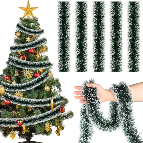 12M x 1 Stück Weihnachtsbaum Girlande Glitzer,9cm Weihnachtsgirlande Lametta,Dunkelgrün und Weiß Weihnachten Deko Girlande für Weihnachten,Weihnachtsbaum Dekorieren