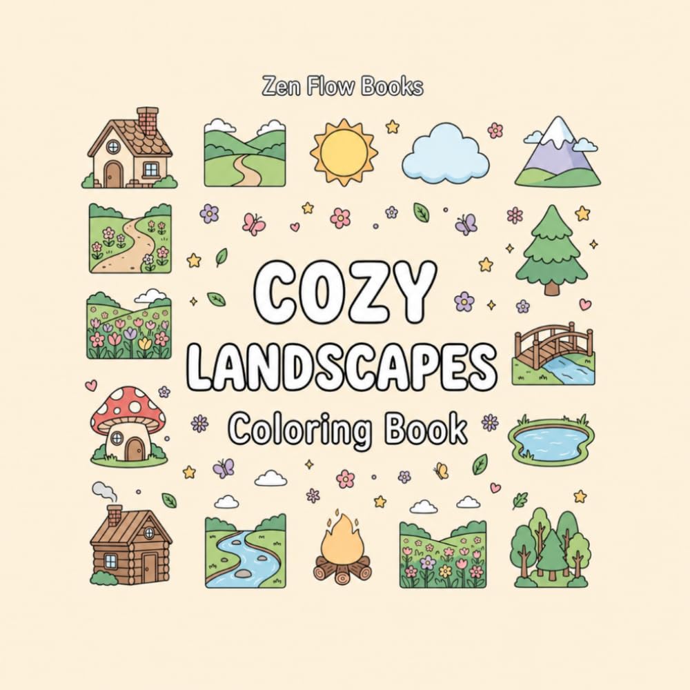 COZY LANDS CAPES Colorin Book: Cute Cozy Landscapes, Cabins, Gardens, Rivers and Nature Scenes | Bold & Easy Coloring Pages for Relaxation and Stress Relief