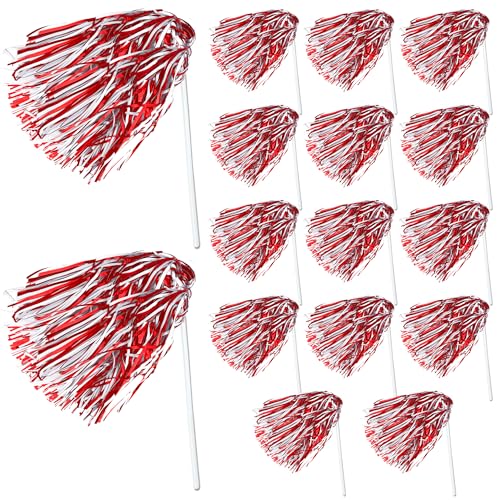 16pcs Cheerleading Pom Poms Metal Foil Plastic Pompoms bat Long Handle Sports Sports Team Dance Football Basketball Club Spirit Sports Stage Performance Celebration (Red and White)