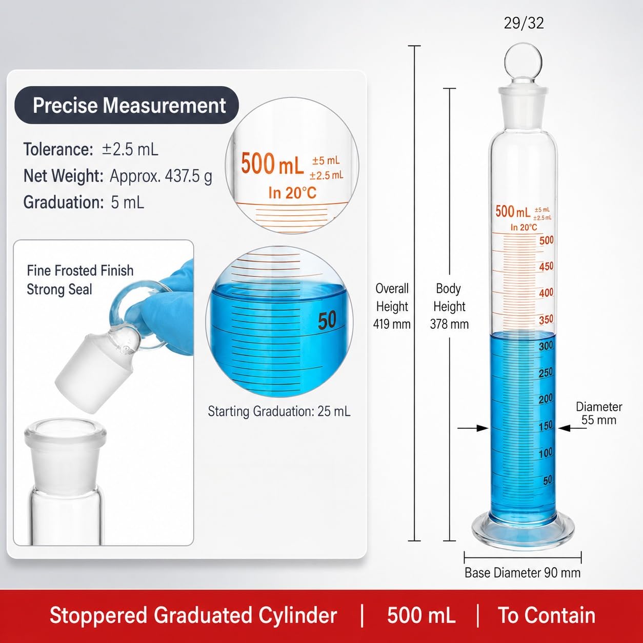 Graduierter Mischzylinder aus Borosilikatglas mit Stopfen Labor-500mL