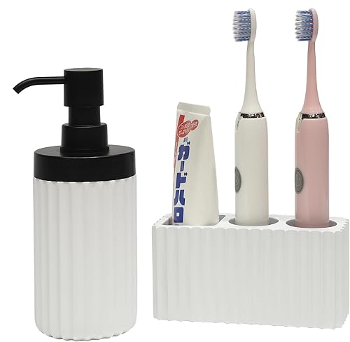 Juego de 2 accesorios de baño con dispensador de jabón acanalado de gran apertura y 3 compartimentos para cepillos de dientes y pasta de dientes,